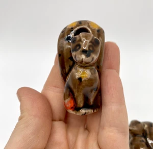 Set 3 Vintage MCM Speckled Glazed Ceramic Squirrel Macrame Beads Signed Craft - Picture 1 of 13