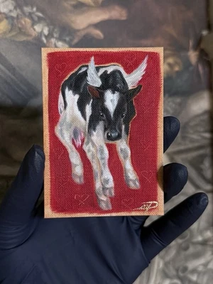 ACEO оригинальное искусство корова сердца милый картина маслом Mpeetersfineart - Изображение 1 из 3