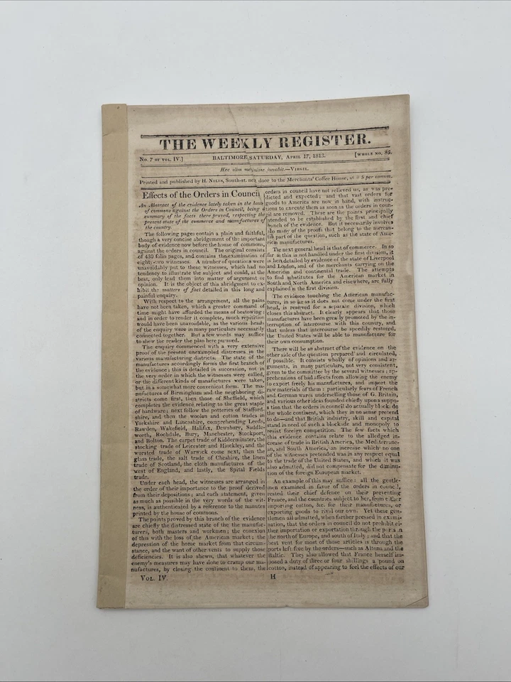 Niles’ Weekly Register April 17, 1813 / Napoleon And The Pope, Prospects Peace - Image 1 of 4