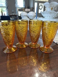 Vintage Tiara Indiana Glas Bernstein Sandwich Muster Matt Becher 4er Set - Bild 1 von 9