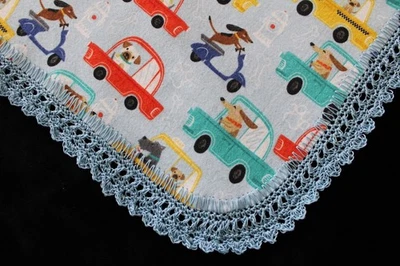 Receiving Blanket Hand Crocheted Edge New Baby Shower Gift Boy's DOGS IN CARS! - Image 1 of 4