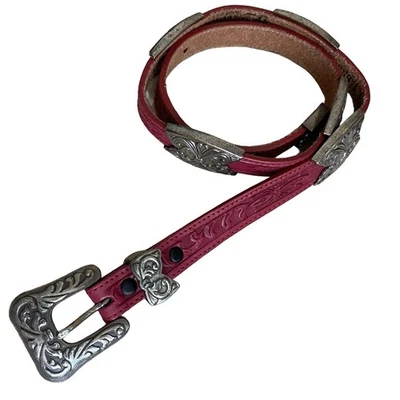 Red Tooled Leather Belt 28 Floral Western Silver Ornate Buckle Handmade 1996 - Image 1 of 4