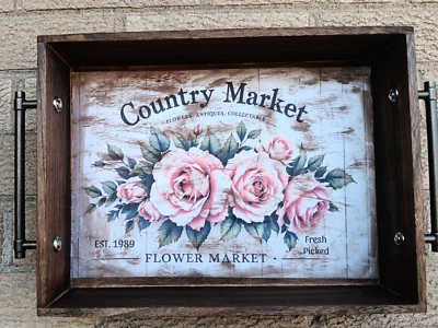 Decorative Wood Tray - Stained Walnut - Country Roses - Solid Brass 5" Handles  - Image 1 of 4