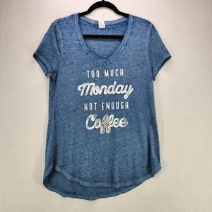 Womens Graphic Tee Too Much Monday Not Enough Coffee Medium Blue Short Sleeve - Picture 1 of 9