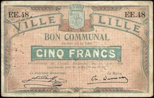 Notgeldschein - Lille (59) Fünf-Franken-Gemeindegutschein 31.08.1914 ! - Bild 1 von 2