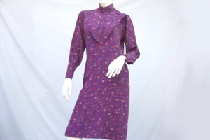 Vintage 70s-80s Purple Floral Print Dress By Ann Lavigne Retro Boho High Fashion - Picture 1 of 2