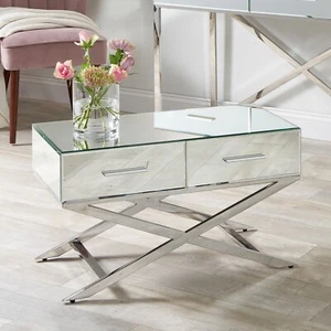 Mirrored Coffee Silver Glass Table Cross Legs Living Room Small Side Table - Picture 1 of 7