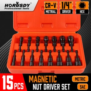 15pc Magnetic Nut Driver Setter Bit Nut Driver MM & SAE 1/4" Shank Quick Change - Picture 1 of 10