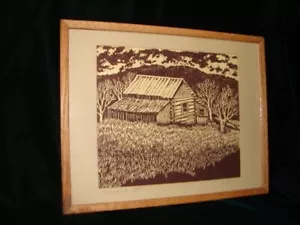 Old Barn Wood Cut Print #50 of 100 Prints by Artist L Brown Oak Frame w/glass - Picture 1 of 2