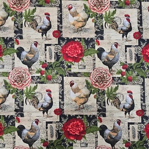 Cotton Fabric 21"x44" Roosters Hens Chickens Red Flowers Raspberries Black Tan - Picture 1 of 5
