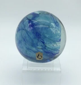 Isle Of Wight Studio Blue Glass Paperweight Flame Pontil Vintage Paper Labels - Picture 1 of 9