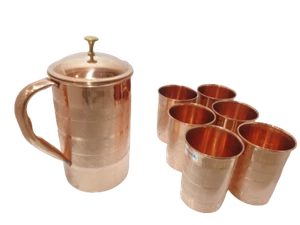 Pure Copper Indian Jug with 6 Tumbler Glass Set for Ancient Healing Water Drink - Picture 1 of 6