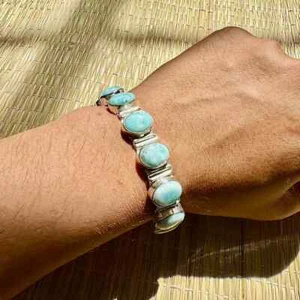 Solid 925 Sterling Silver Genuine Blue Larimar Bracelet Statement Bracelet Gift - Picture 1 of 8