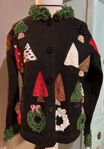 De Colección Berek Suéter Cárdigan Negro Adornado Árbol Corona Navidad Feo Grande L - Imagen 1 de 15