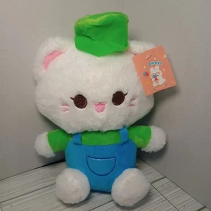 Sweet Strawberry White Plush Cat Resemble Hello Kitty Blue Overalls 9" Toy New  - Picture 1 of 6