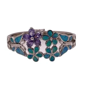 Silver Bracelet Blue Purple Hawaiian Plumeria Flowers Butterfly 925 Sterling - Picture 1 of 9