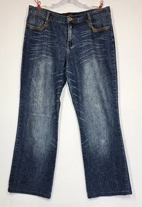 Womens Y2k Dark Wash Jeans Mid Rise Straight Leg Studded Embroidered Size 12 - Picture 1 of 10