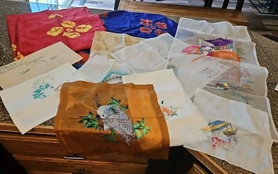 Silk Scarves Vintage 50s Lot 9 Japanese Neckerchief Scarf Linens Japan Stunning  - Image 1 of 4