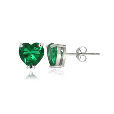 Sterling Silver Created Emerald 5mm Heart Stud Earrings - Image 1 of 3