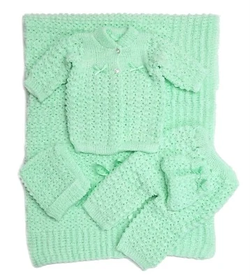 Crochet Baby Blanket and Hat Newborn Outfit Set Mittens Pants Sweater Girl Boy - Image 1 of 3