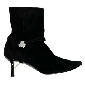 AUTHENTIC CHANEL BLACK SUEDE LOGO MID HEELS ANKLE BOOTS 39/9 - Picture 1 of 15