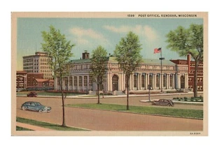 Kenosha Wisconsin Post Office Downtown Straßenszene 1935 Postkarte Leinenkarte - Bild 1 von 2