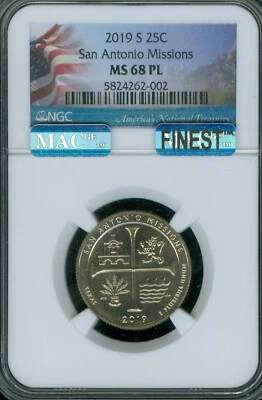 2019 S SAN ANTONIO QUARTER NGC MS68 PL PQ MAC FINEST GRADE RARE . - Image 1 of 2
