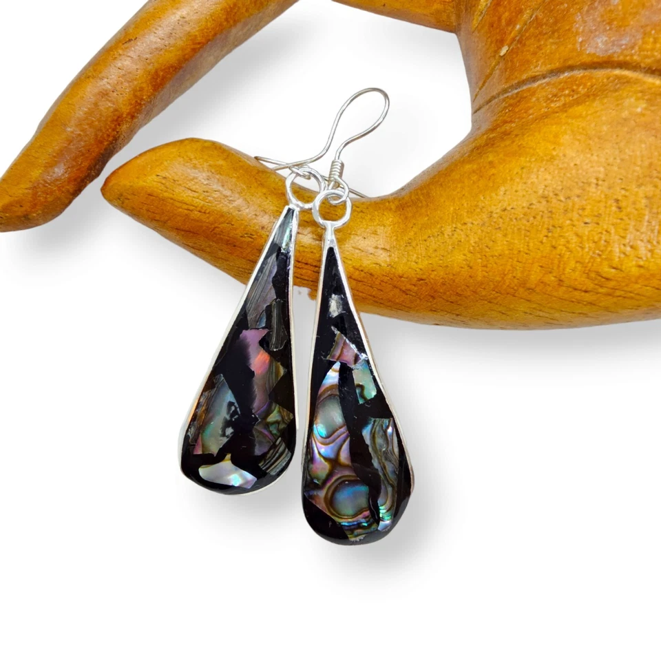 Mexican Abalone Shell Inlay Mosaic Earrings – Silver Plated Teardrop Dangle Foto 1 de 4
