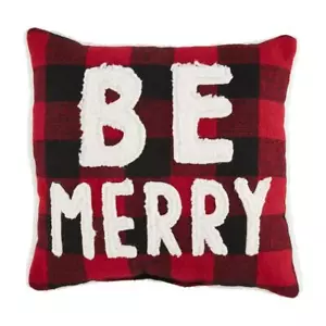 BE MERRY Red Black Buffalo Check Fuzzy Applique 18" Sq Pillow - Picture 1 of 2
