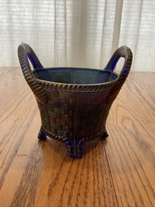 NORTHWOOD CARNIVAL GLASS BLUE BUSHEL BASKET SIGNED ELECTRIC BLUE - Picture 1 of 6