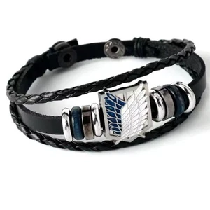 Attack on Titan Survey Corps Bracelet – Black Leather Anime Wristband - Picture 1 of 1