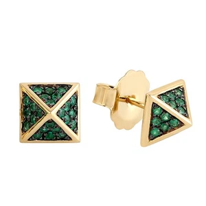 18k Yellow Gold Emerald Pyramid Stud Earrings Stylish Everyday Jewelry for Her - Picture 1 of 7