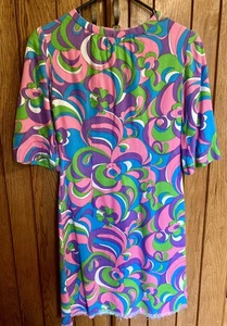 Vtg. 1960s Handmade Bright Colored Psychedelic Swirled Design 3/4 Sleeve Dress - Picture 1 of 24