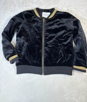 Gymboree Black Velvet Velour Jacket Size 5-6 Gold Trim Sparkle Zipper - Image 1 of 4