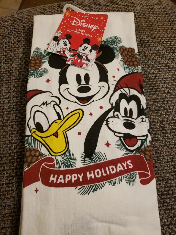 Disney Mickey Mouse Goofy Donald 2 Pack Kitchen Towels Christmas Happy Holidays - Image 1 of 1
