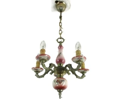 Chandelier 5 Arms Lights Ceramic Porcelain  Pink Flowers  Mid Century Italy - Image 1 of 4