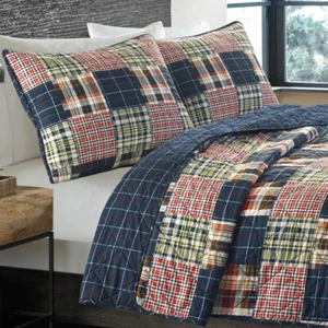 Eddie Bauer Madrona Plaid Patchwork Navy Blue/Red Multi Cotton TWIN Quilt SET - Picture 1 of 5