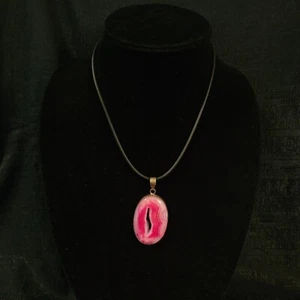 Natural Pink Lace Agate Druzy Gemstone Pendant Necklace 925 Sterling Silver - Picture 1 of 10