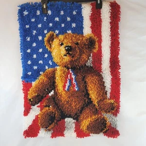 Vintage Completed Latch Hook Rug Wall Hanger Teddy Bear American Flag Patriotic  - Picture 1 of 20