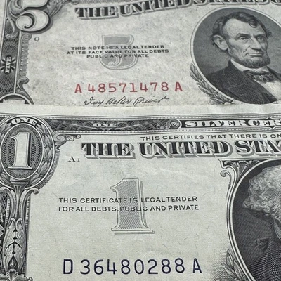 Very Nice Pair of 1953 $5 Dollar Red Seal and 1957 $1 Blue Seal Old Money Notes  - Image 1 of 4