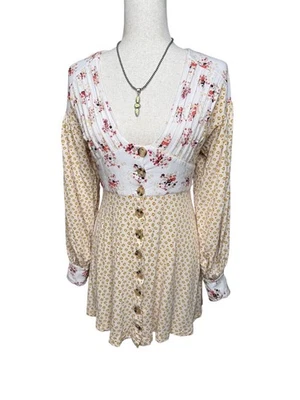 Free People Wonderland Baby doll Floral Dot patchwork S Dress Button Front Read - Image 1 of 4