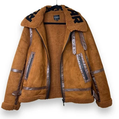 Rockstar Original Brown Suede Sherpa Lined Moto Heavy Zip Front Coat Size XL - Image 1 of 4