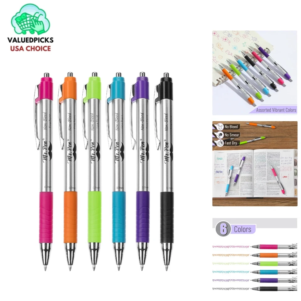 Plumas de punta fina surtidas sin sangrado - 6 colores para escribir y escribir un diario suave Foto 1 de 4