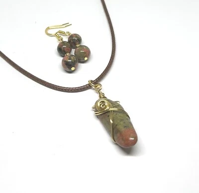 Unakite Genuine Stone Wire Wrapped Necklace  & Handmade Earrings Set - Image 1 of 4