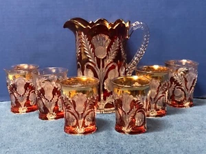 Antique Cambridge Red Glass Pitcher +6 Glasses Inverted Clear Thistle Gold Trim - Picture 1 of 22