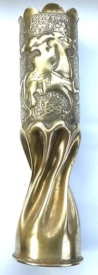 OBJET DE POILU DOUILLE 75 1918 CAVALIER DANS L’OASIS PALMIER CHAMEAU TRENCH ART - Photo 1/4