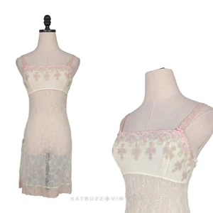 Vintage Y2K Lace Slip Nightie Babydoll Cream Floral Lace Fairy Coquette Sheer - Picture 1 of 15