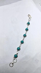 925 Sterling Silver Turquoise Gemstone Round Cabochon 7 Inch Bracelet 52 Cts - Picture 1 of 8