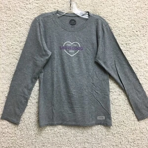 Life Is Good Top Shirt Medium Adult Gray Classic Fit Feel The Love Heart Womens - Imagen 1 de 8