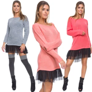 Womens Loose Mini Dress with Tulle Long Sleeve Warm Baggy Sweater One Size WA21 - Picture 1 of 8